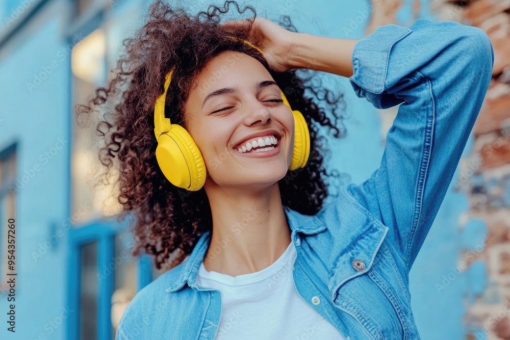 Poster A happy woman with a yellow mobile phone and headphones is dancing in the street while listening to music, wearing a blue shirt.