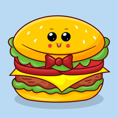 Cute Burger Cartoon Icon Illustration. Fastfood Object Icon Concept