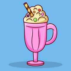 Ice Cream in Glass Topped with Wafer Rolls and Chocolate Balls Cartoon Icon Illustration. Object Icons with Sweet Food or Dessert Theme