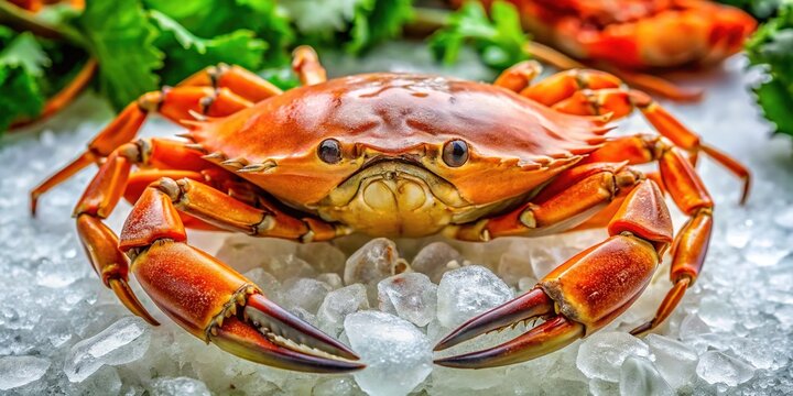 Freshly harvested centolla crab sits atop a bed of ice, claws tied, showcasing its vibrant orange shell and succulent white meat in a seafood market display.