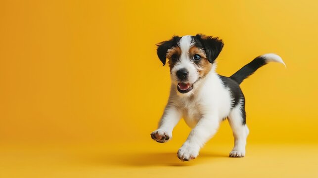 A playful puppy chasing its tail isolated on yellow background