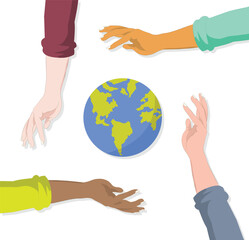 Colorful diverse arms protecting nature globe earth signifying group teamwork vector illustration isolated on white background