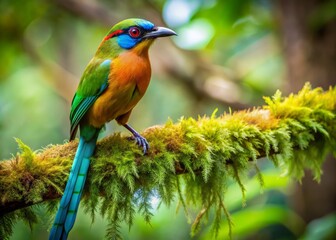 Obraz premium Vibrant motmot bird perched on a moss-covered branch in a lush rainforest, its iridescent feathers glistening in the