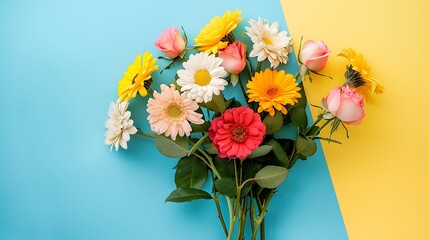 A simple bouquet of daisies and roses isolated on colorful background