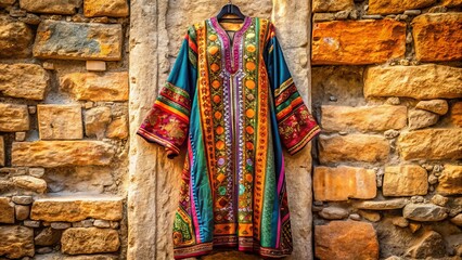 Fototapeta premium Vibrant, multicolored robe with long sleeves and ornate patterns, reminiscent of ancient Middle Eastern garb, draped