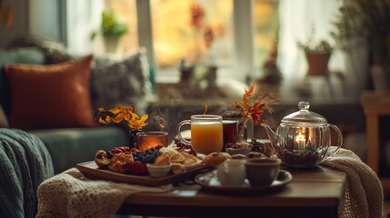 A cozy coffee table setup with warm drinks, autumn decorations, and a few Thanksgiving treats.