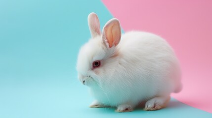 Obraz premium A tiny rabbit with floppy ears on a pink and blue background