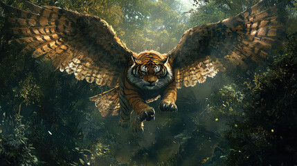 Fototapeta premium A mystical creature combining the strength of a tiger with the grace of an owl, prowling through a dense, dreamlike forest.