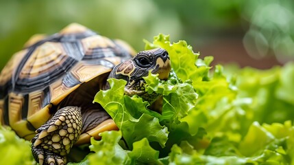 A turtle eating lettuce isolated on colorful background