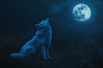 white wolf howling at the moon, night