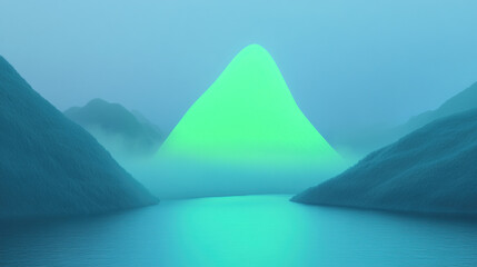Fototapeta premium A glowing green mountain peak rises above a still, misty lake in a surreal landscape.