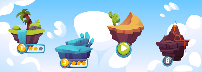 Vector illustration with a map of passing levels and flying islands with various locations