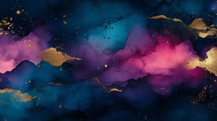 Obraz premium Abstract Watercolor Painting with Golden Specks and Swirls of Blue, Purple, and Pink