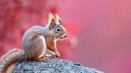 Obraz premium Energetic squirrel climbing on pink and red background