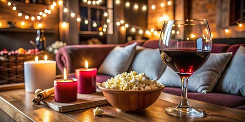 Cozy home cinema setting with movie night feast including red wine and popcorn