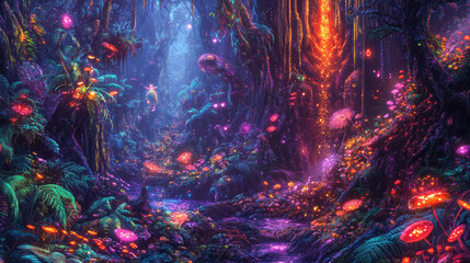 Fototapeta premium A vibrant, otherworldly forest with glowing plants and colorful, mystical creatures.