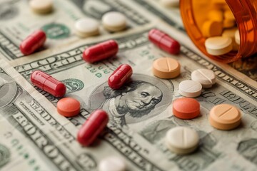 Various medicines on dollar bills , concept of Purchasing prescription drugs, Buying medicine , Generative AI