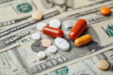 Various medicines on dollar bills , concept of Purchasing prescription drugs, Buying medicine , Generative AI