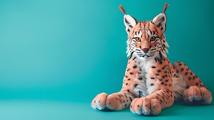Plush lynx toy on cyan and magenta background