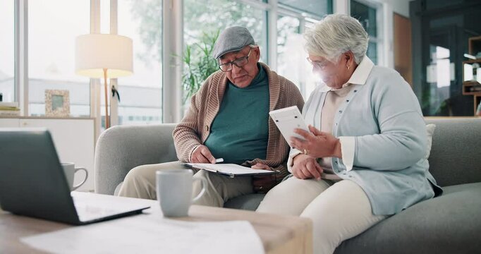 Budget, calculator and clipboard with senior couple on sofa in living room of retirement home for discussion. Bank, pension and wealth with elderly people in apartment for finance or investment
