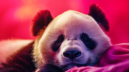 Sleepy panda resting on pink and red background