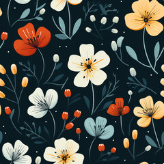 A seamless pattern featuring colorful flowers on a dark background.