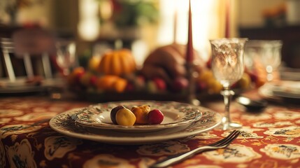 Naklejka premium A festive Thanksgiving tablecloth with autumn patterns and colors, setting the stage for a delicious meal.