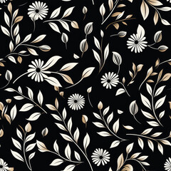 A seamless pattern featuring delicate white flowers and beige leaves on a black background.