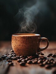 A steaming mug rests on a rustic surface, surrounded by scattered beans, exuding a warm and enticing scent.