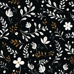 A seamless pattern of white and brown flowers and leaves on a dark background.