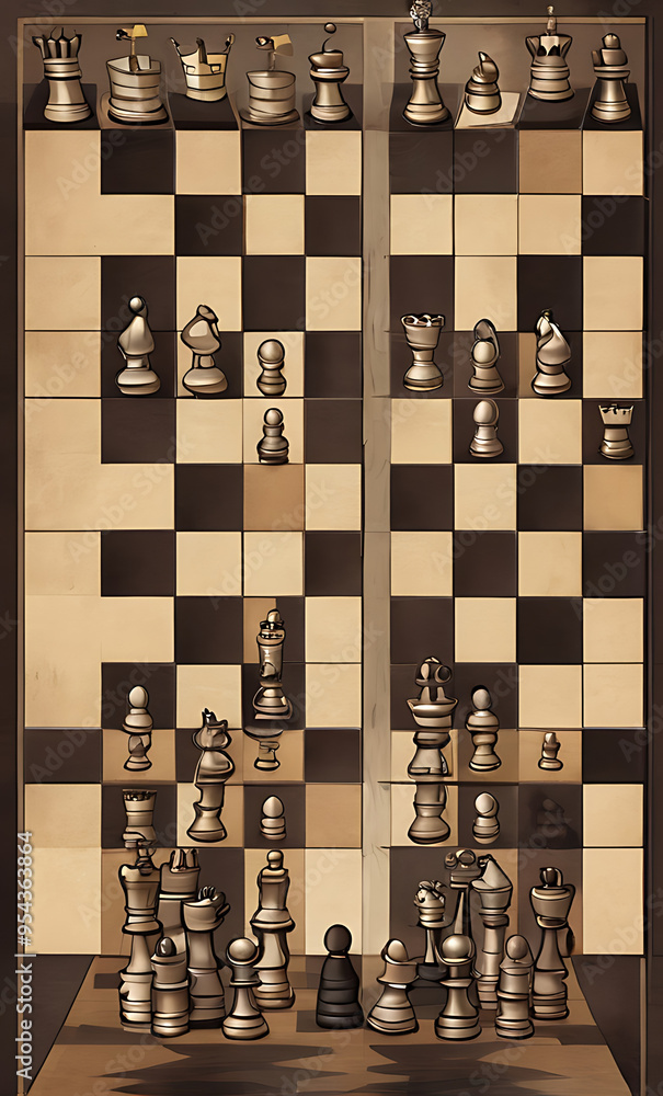 Wall mural Illustration of a chessboard with a strategic move being made to protect the king, symbolizing risk mitigation in decision-making with copy space.

