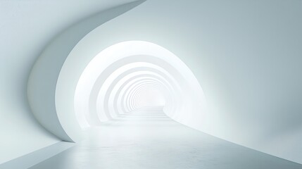Obraz premium Abstract white tunnel with glowing light at the end. Minimalist architecture design.