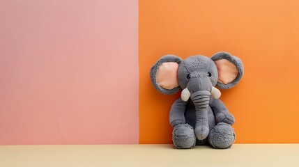 Stuffed elephant isolated on amber and peach background