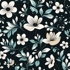 Seamless floral pattern with white flowers and green leaves on a dark background.