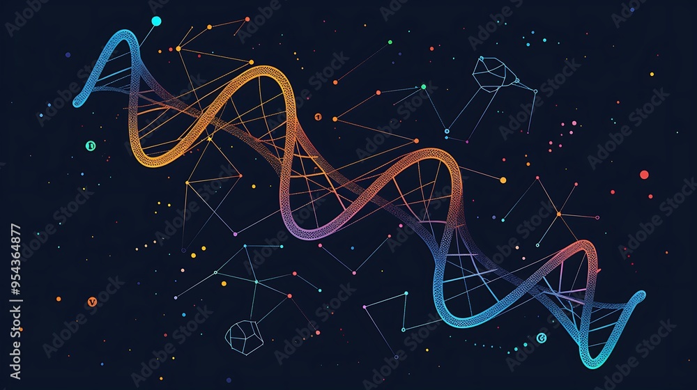 Poster abstract dna structure with colorful lines and dots