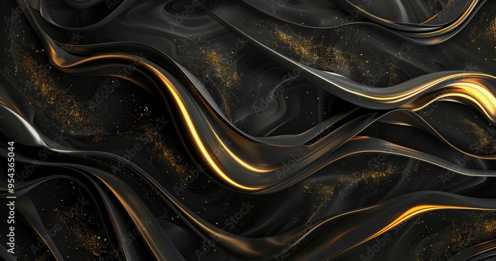 Poster abstract black and gold wave design with flowing textures and sparkles.