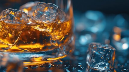 High-Quality Close-Up of Whiskey Glass and Ice Cubes on a Moody Dark Background