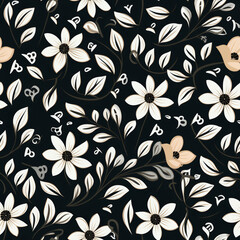Seamless pattern of white flowers and beige leaves on a black background.
