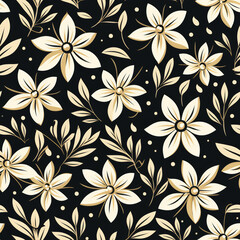 Seamless pattern of white flowers and leaves on a black background.