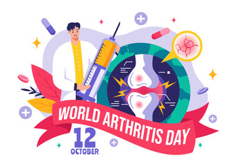 Fototapeta premium World Arthritis Day vector illustration for October 12, featuring Medical Treatment for Rheumatism and Osteoarthritis, with an X-ray Scan and Bone