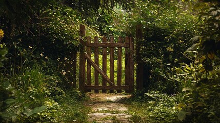 Obraz premium An inviting wooden gate swings wide, welcoming visitors into a vibrant garden filled with natures secret marvels.