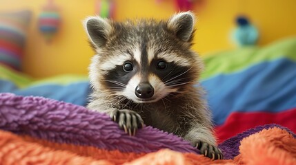 Stuffed raccoon isolated on colorful background