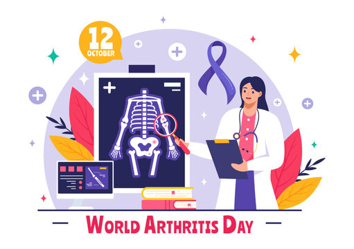 World Arthritis Day vector illustration for October 12, featuring Medical Treatment for Rheumatism and Osteoarthritis, with an X-ray Scan and Bone - Powered by Adobe
