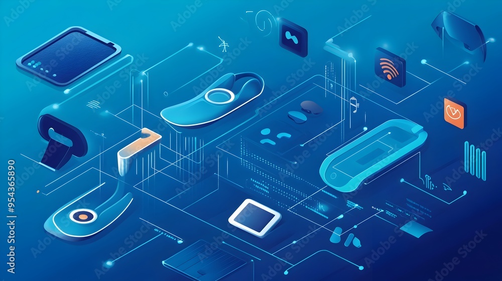 Poster innovative graphic illustrating the of the internet of things with swimming equipment featuring conn