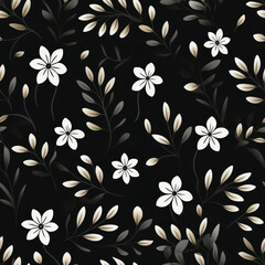 Seamless pattern with delicate white flowers and beige leaves on a black background.
