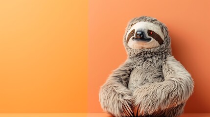 Obraz premium Stuffed sloth isolated on amber and peach background