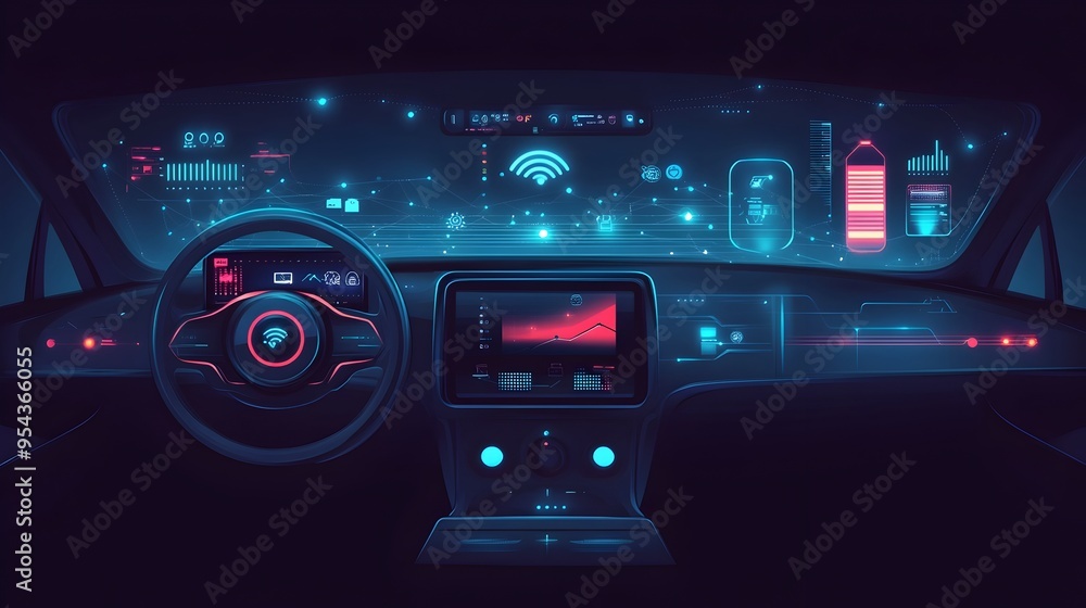 Poster graphic depicting the concept of an internet of things iot powered electric vehicle dashboard featur