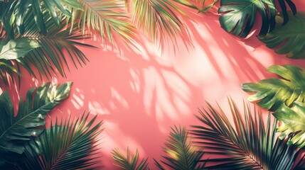 Tropical Leaves on a Pink Background with Sunlight Shadows