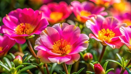 Fototapeta premium Vibrant pink and yellow portulaca flowers bloom in close proximity, their delicate petals and slender stems swaying gently in the soft, warm light of a sunny day.