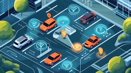 Fototapeta premium Visionary graphic showcasing the innovative smart parking and connected safety features for electric vehicles in the futuristic Internet of Things ecosystem